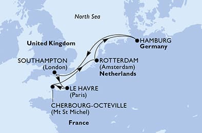 Southampton,Le Havre,Cherbourg,Rotterdam,Hamburg,Southampton