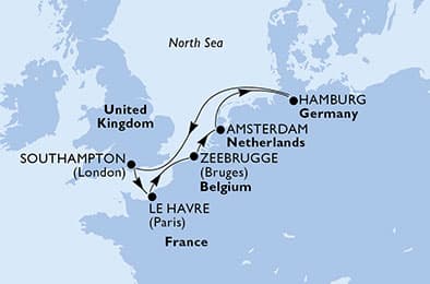 Southampton,Le Havre,Zeebrugge,Amsterdam,Hamburg,Southampton