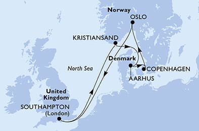 Southampton,Kristiansand,Aarhus,Copenhagen,Oslo,Southampton