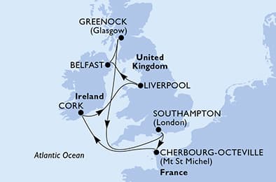 Southampton,Cherbourg,Cork,Liverpool,Belfast,Greenock,Southampton