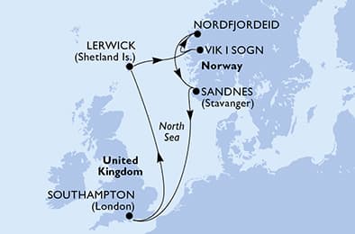 Southampton,Lerwick,Vik i Sogn,Nordfjordeid,Sandnes,Southampton