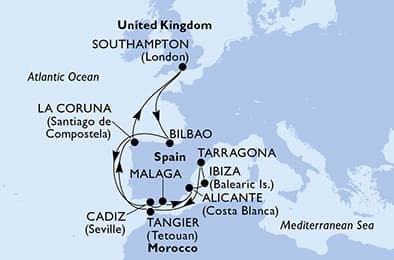 Southampton,Bilbao,Cadiz,Malaga,Alicante,Ibiza,Tarragona,Tangier,La Coruna,Southampton