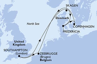 Southampton,Skagen,Fredericia,Copenhagen,Zeebrugge,Southampton