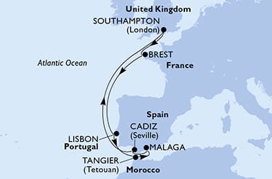 Southampton,Brest,Lisbon,Tangier,Malaga,Cadiz,Southampton