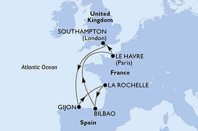 Southampton,Gijon,La Rochelle,Bilbao,Le Havre,Southampton